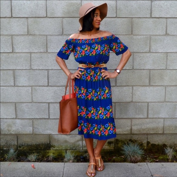 navy blue off the shoulder midi dress